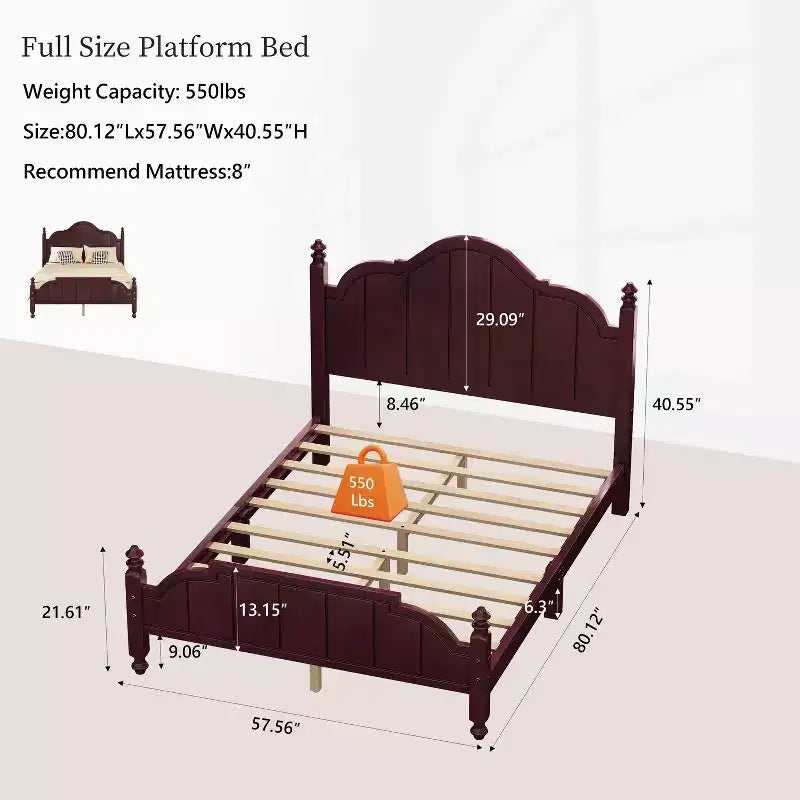 Vintage Queen Platform Bed Frame - Solid Pine, MDF Headboard, No Box Spring Needed