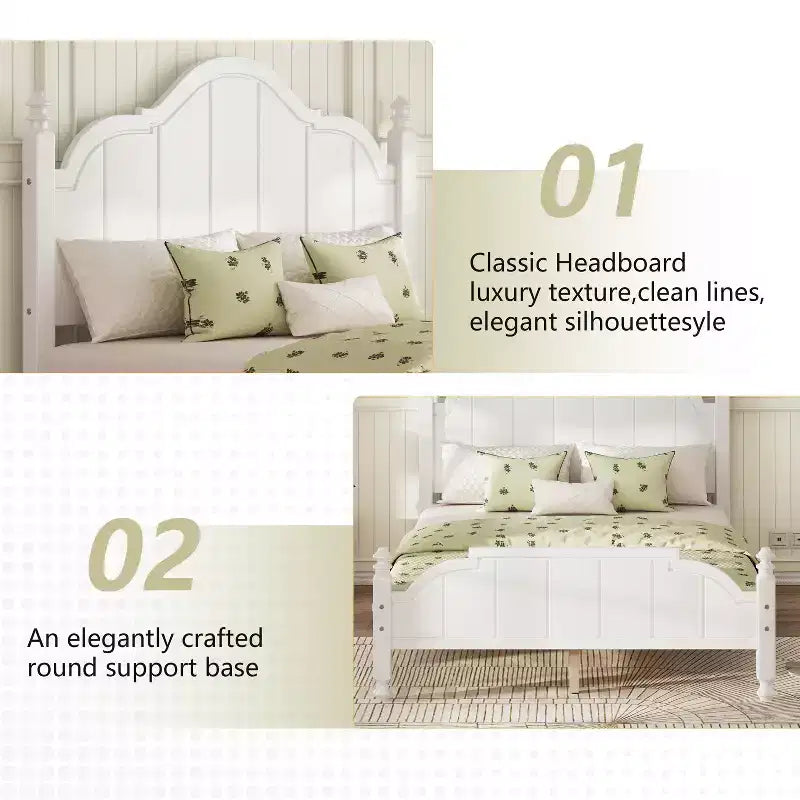 Vintage Queen Platform Bed Frame - Solid Pine, MDF Headboard, No Box Spring Needed