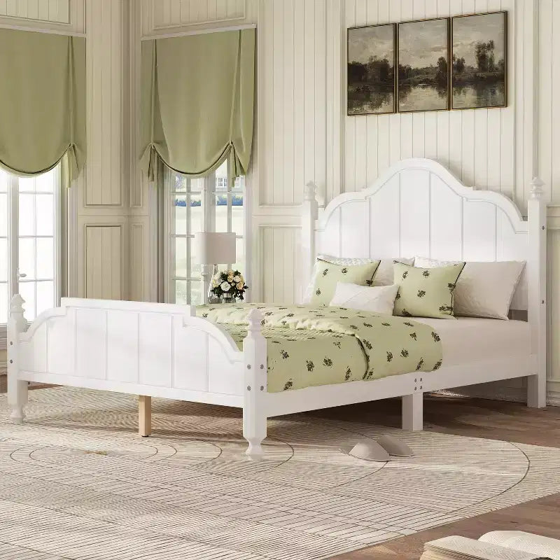Vintage Queen Platform Bed Frame - Solid Pine, MDF Headboard, No Box Spring Needed