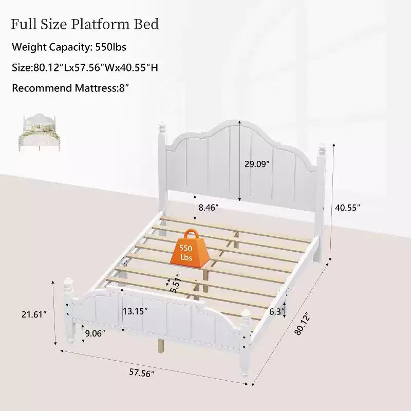 Vintage Queen Platform Bed Frame - Solid Pine, MDF Headboard, No Box Spring Needed