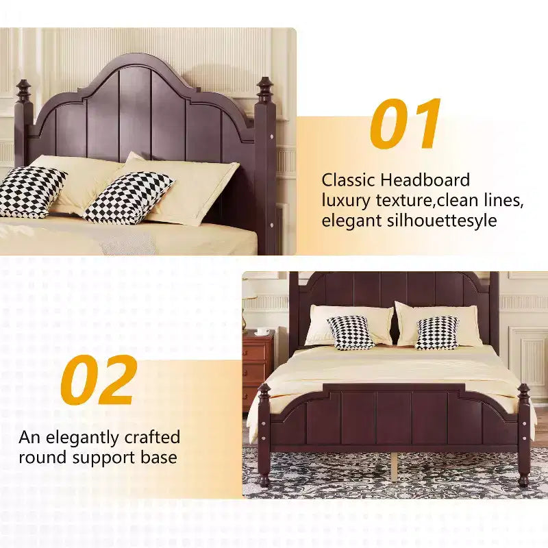Vintage Queen Platform Bed Frame - Solid Pine, MDF Headboard, No Box Spring Needed