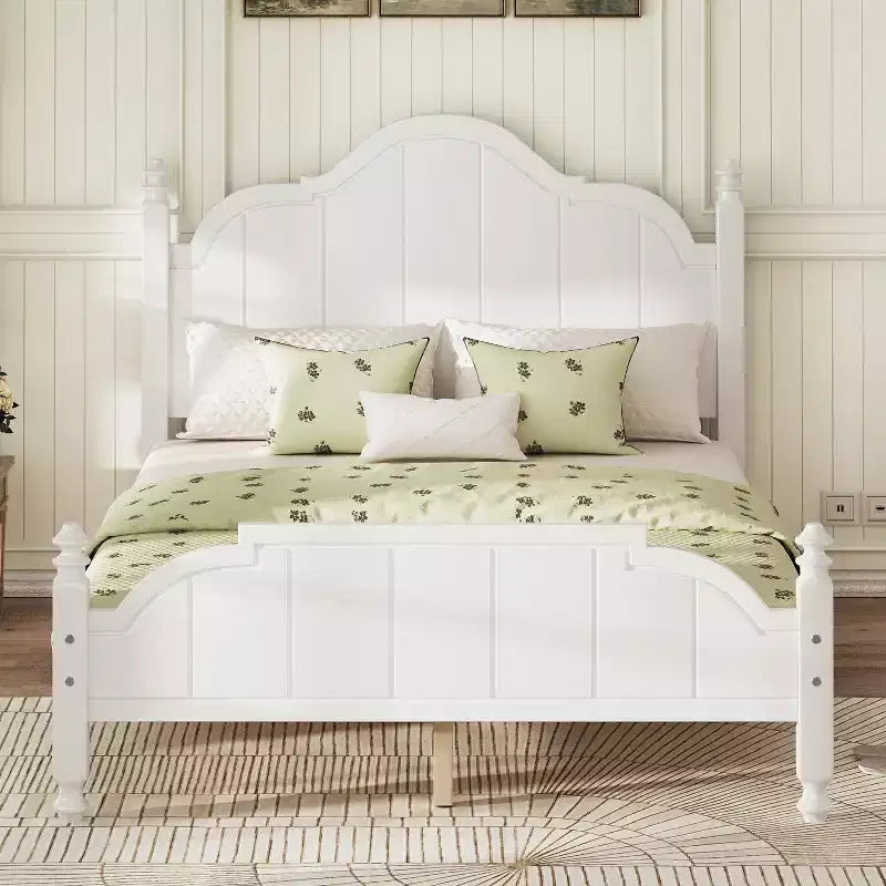 Vintage Queen Platform Bed Frame - Solid Pine, MDF Headboard, No Box Spring Needed