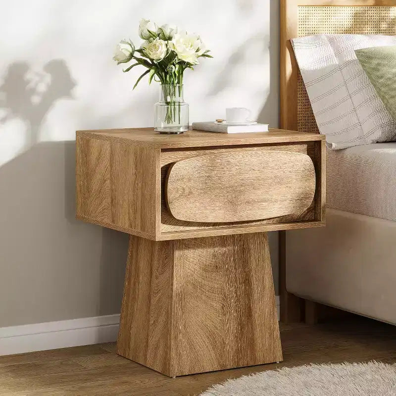 Mid-Century Modern Nightstand with Drawer, Natural Wood Grain, 21.6"