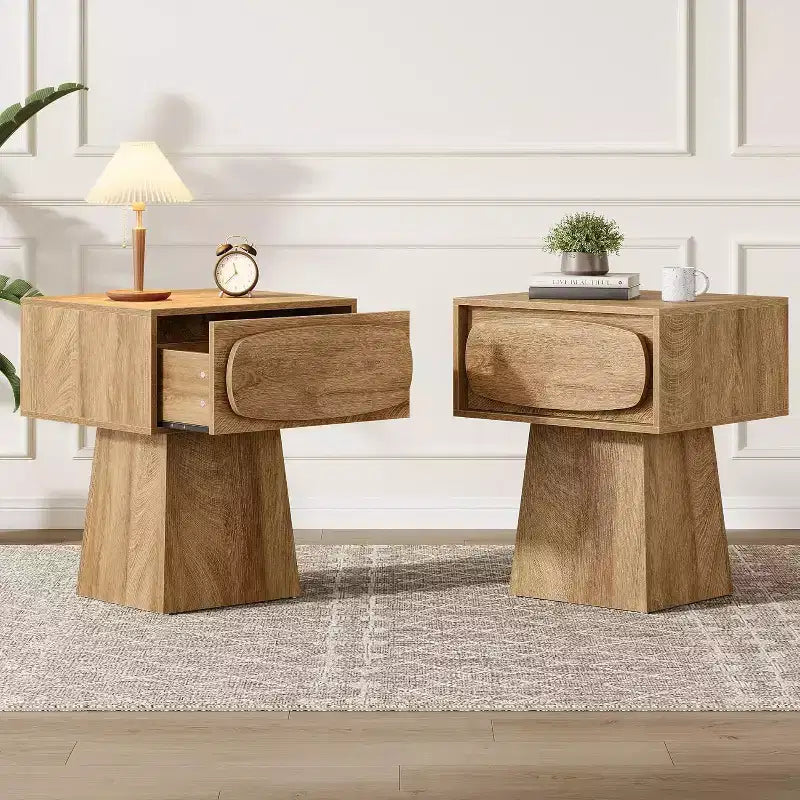 Mid-Century Modern Nightstand with Drawer, Natural Wood Grain, 21.6"