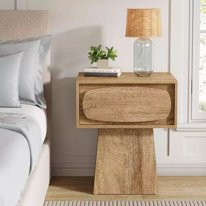 Mid-Century Modern Nightstand with Drawer, Natural Wood Grain, 21.6"