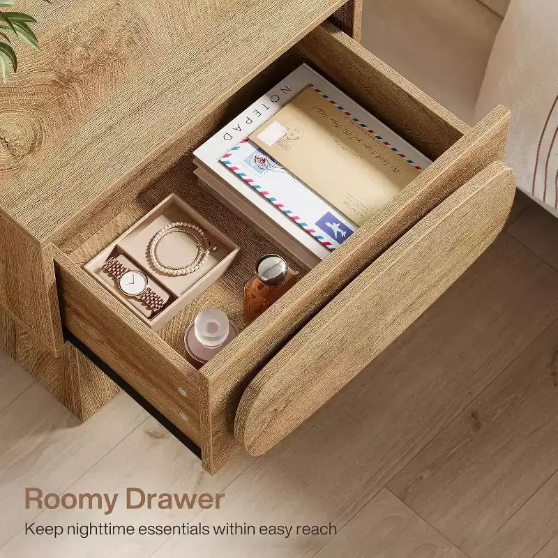 Mid-Century Modern Nightstand with Drawer, Natural Wood Grain, 21.6"