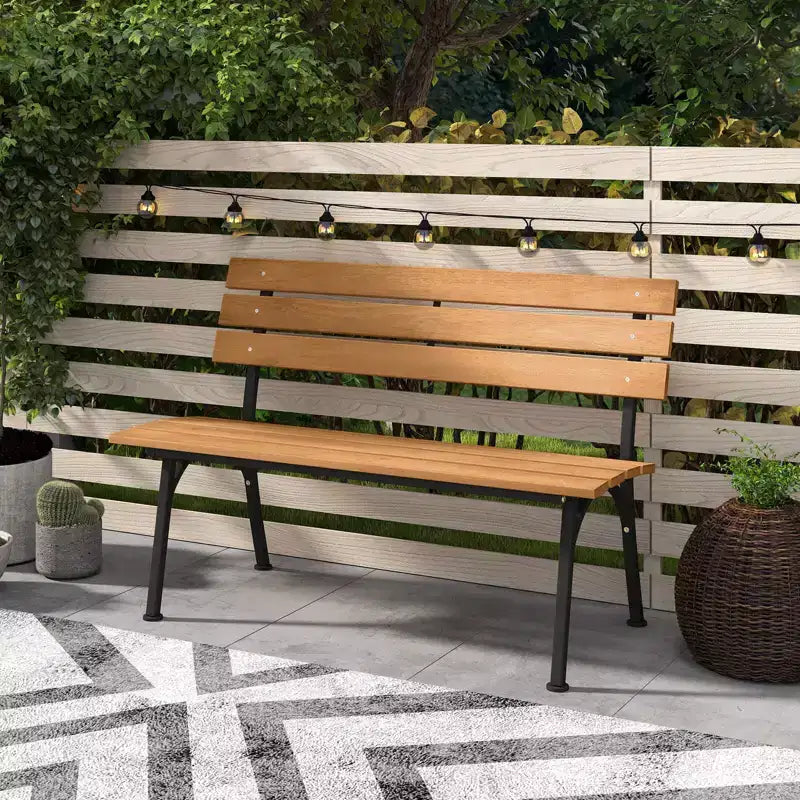 Causeuse de patio Costway en bois d'acacia avec cadre en métal robuste, dossier et assise à lattes Naturel + Noir