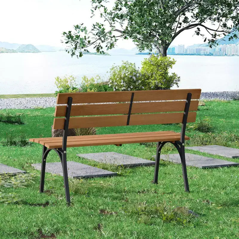 Causeuse de patio Costway en bois d'acacia avec cadre en métal robuste, dossier et assise à lattes Naturel + Noir