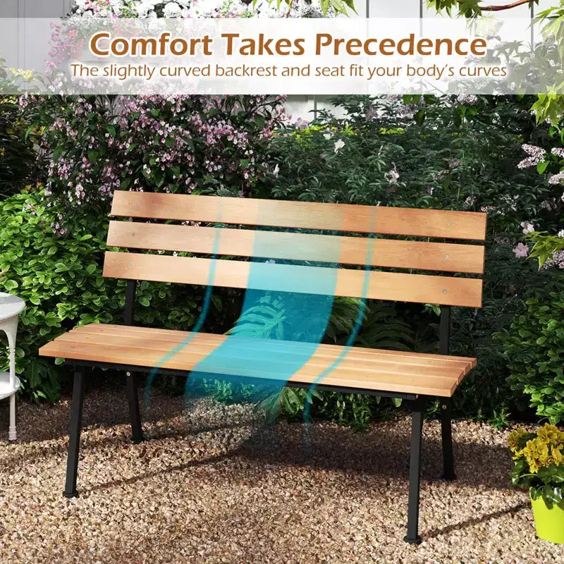 Causeuse de patio Costway en bois d'acacia avec cadre en métal robuste, dossier et assise à lattes Naturel + Noir