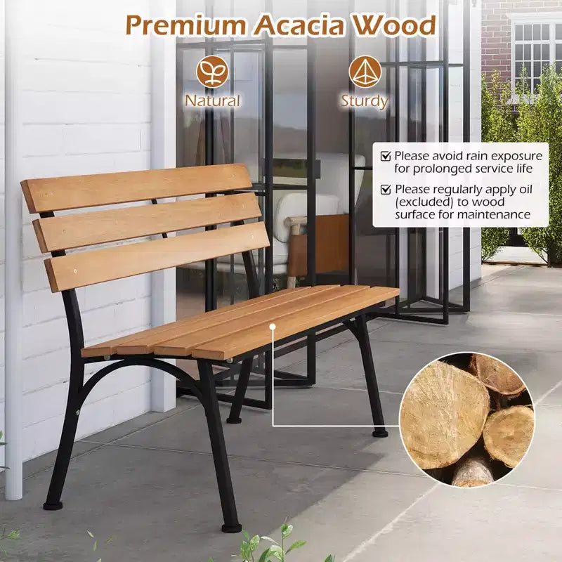 Causeuse de patio Costway en bois d'acacia avec cadre en métal robuste, dossier et assise à lattes Naturel + Noir