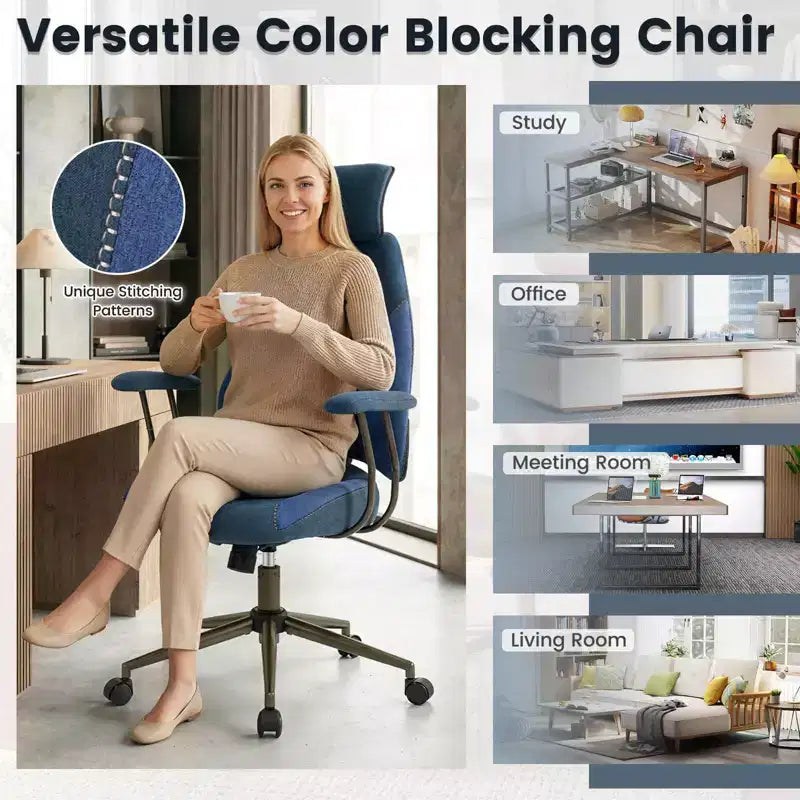 Ergonomic Office & Gaming Chair with 2D Headrest, Rocking Backrest & Wheels - Blue/Brown/Beige