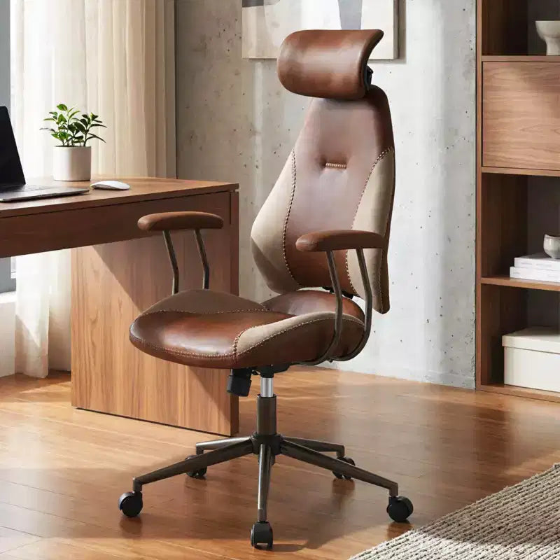 Ergonomic Office & Gaming Chair with 2D Headrest, Rocking Backrest & Wheels - Blue/Brown/Beige