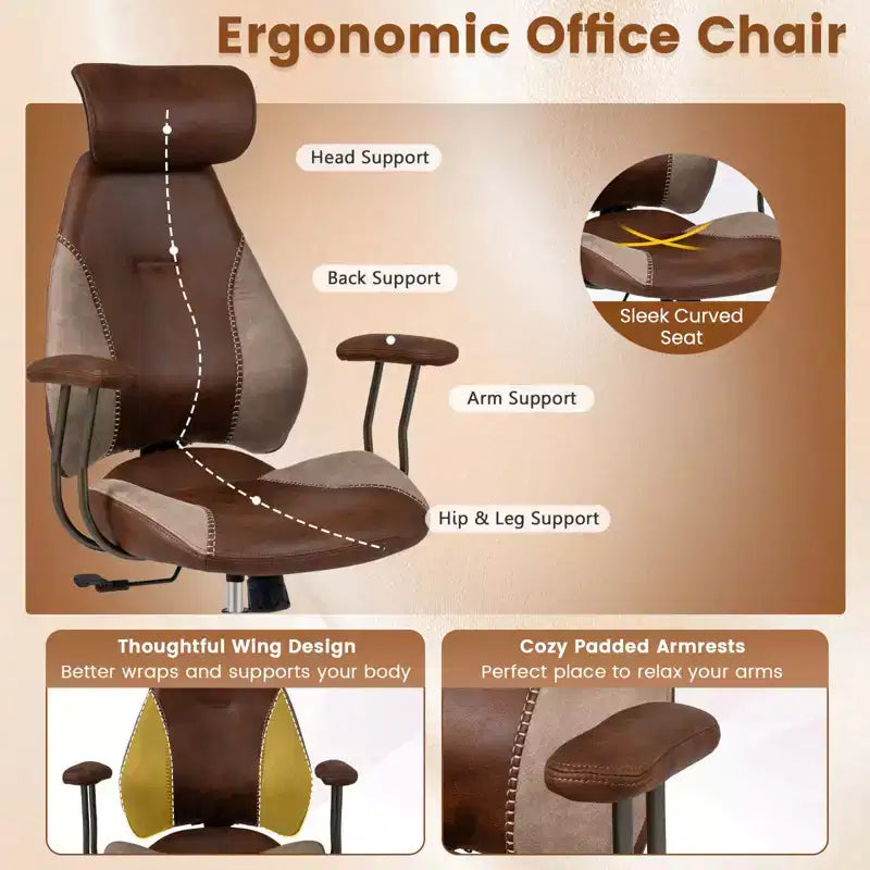 Ergonomic Office & Gaming Chair with 2D Headrest, Rocking Backrest & Wheels - Blue/Brown/Beige