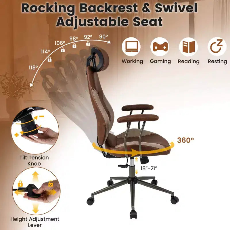 Ergonomic Office & Gaming Chair with 2D Headrest, Rocking Backrest & Wheels - Blue/Brown/Beige