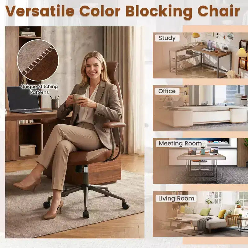 Ergonomic Office & Gaming Chair with 2D Headrest, Rocking Backrest & Wheels - Blue/Brown/Beige