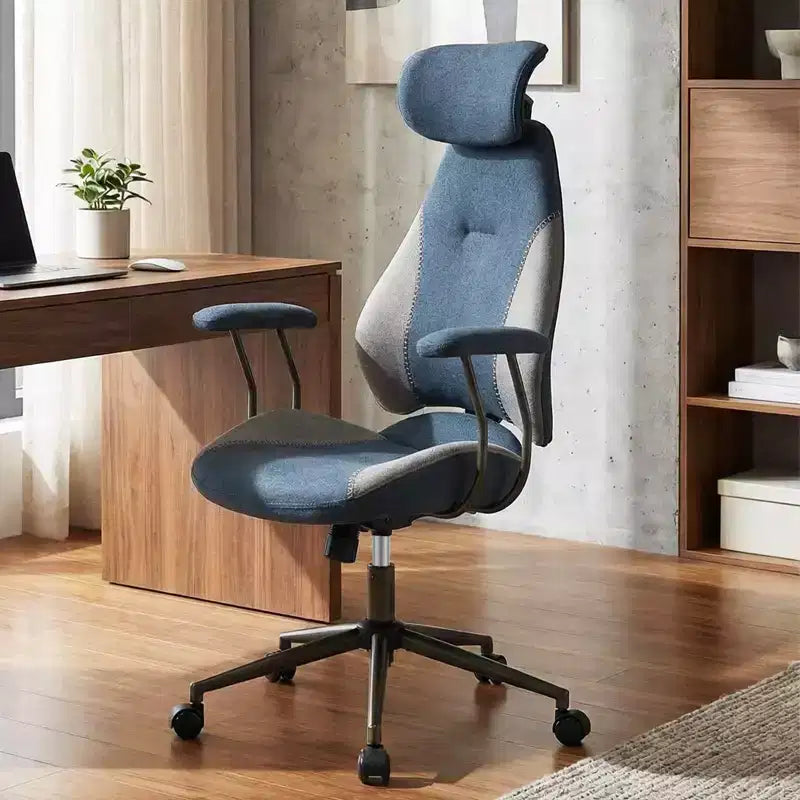 Ergonomic Office & Gaming Chair with 2D Headrest, Rocking Backrest & Wheels - Blue/Brown/Beige