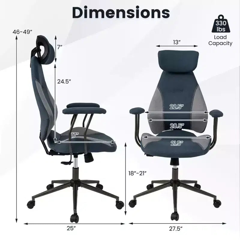Ergonomic Office & Gaming Chair with 2D Headrest, Rocking Backrest & Wheels - Blue/Brown/Beige