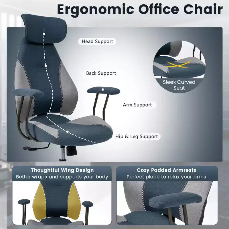Ergonomic Office & Gaming Chair with 2D Headrest, Rocking Backrest & Wheels - Blue/Brown/Beige
