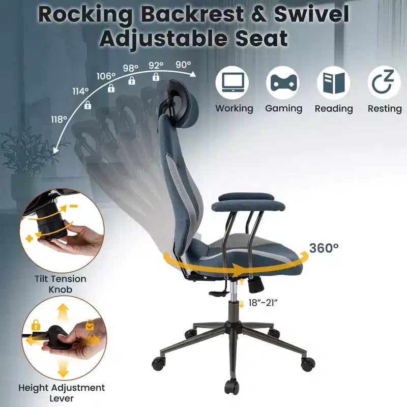 Ergonomic Office & Gaming Chair with 2D Headrest, Rocking Backrest & Wheels - Blue/Brown/Beige