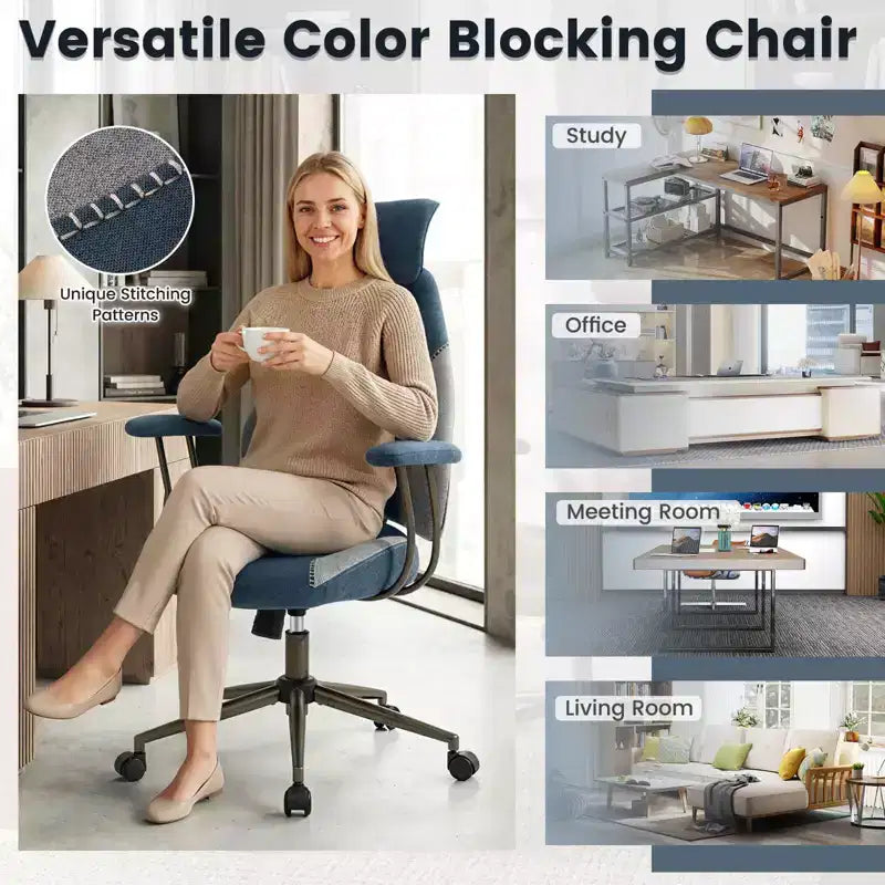 Ergonomic Office & Gaming Chair with 2D Headrest, Rocking Backrest & Wheels - Blue/Brown/Beige