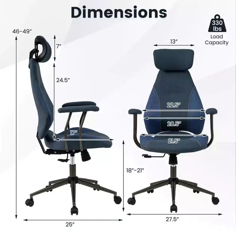 Ergonomic Office & Gaming Chair with 2D Headrest, Rocking Backrest & Wheels - Blue/Brown/Beige