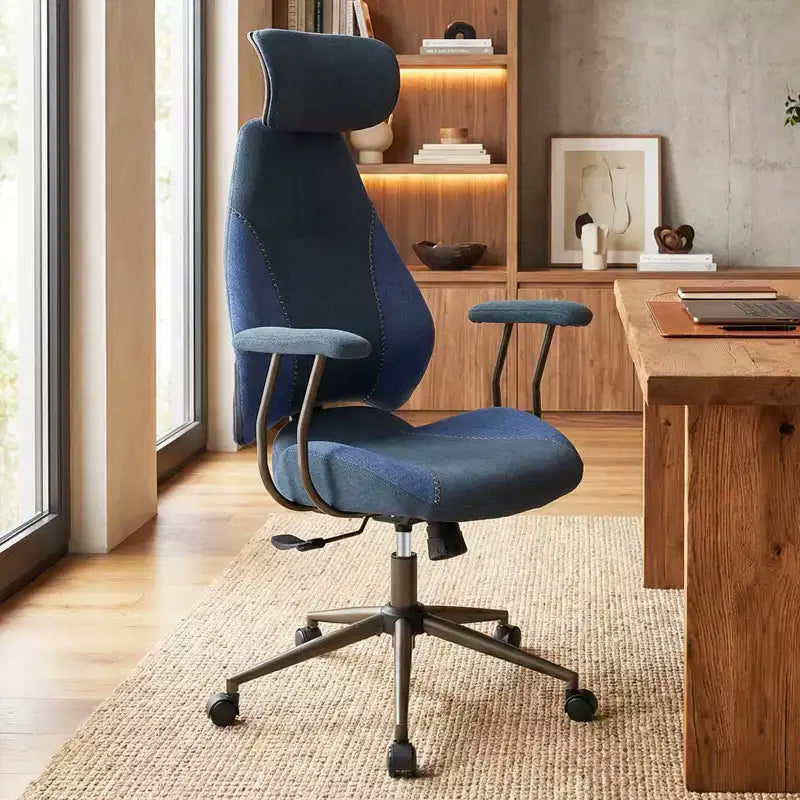 Ergonomic Office & Gaming Chair with 2D Headrest, Rocking Backrest & Wheels - Blue/Brown/Beige