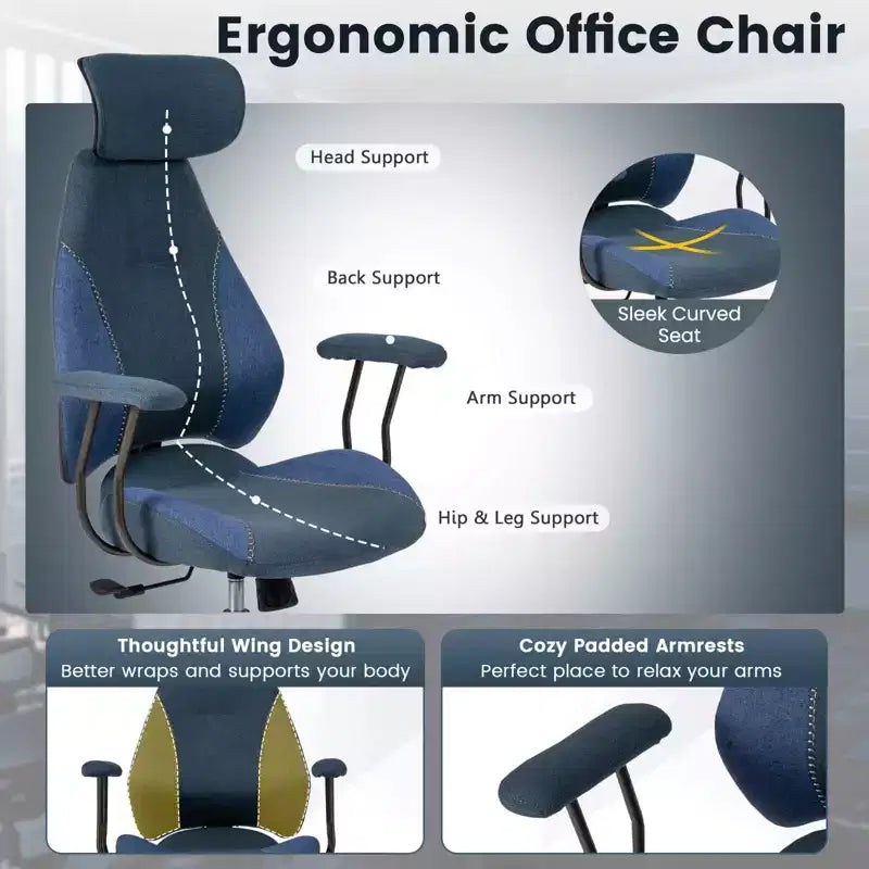 Ergonomic Office & Gaming Chair with 2D Headrest, Rocking Backrest & Wheels - Blue/Brown/Beige