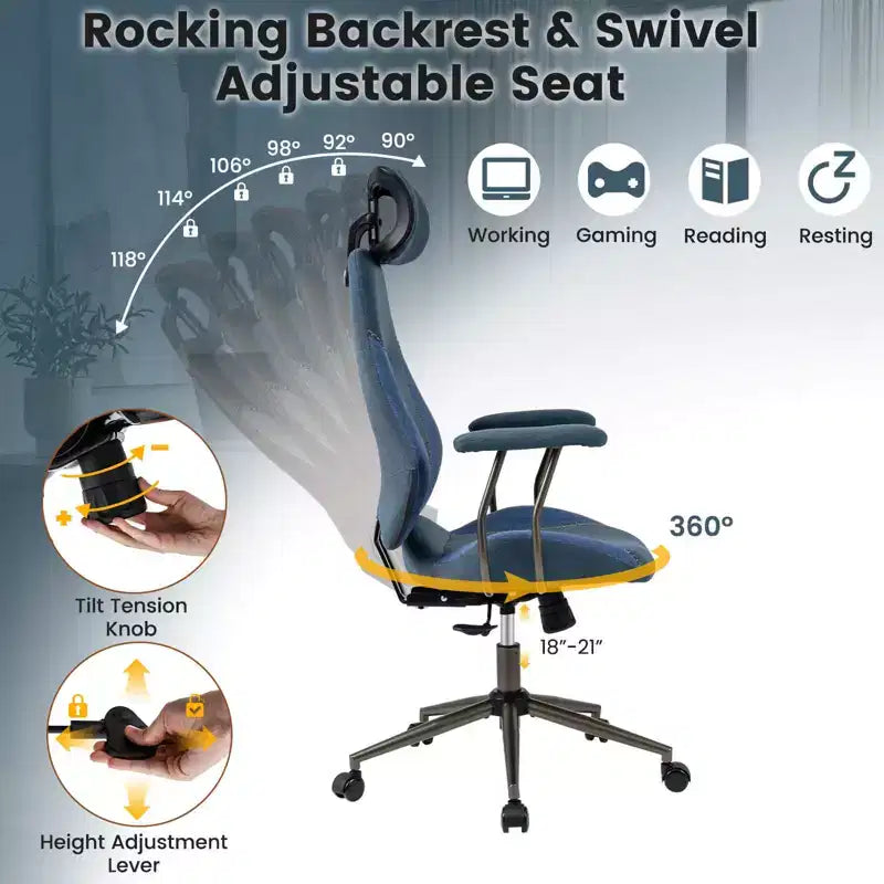 Ergonomic Office & Gaming Chair with 2D Headrest, Rocking Backrest & Wheels - Blue/Brown/Beige