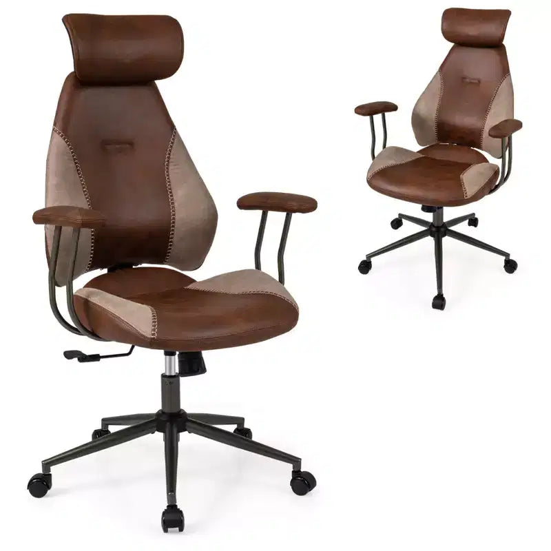 Ergonomic Office & Gaming Chair with 2D Headrest, Rocking Backrest & Wheels - Blue/Brown/Beige