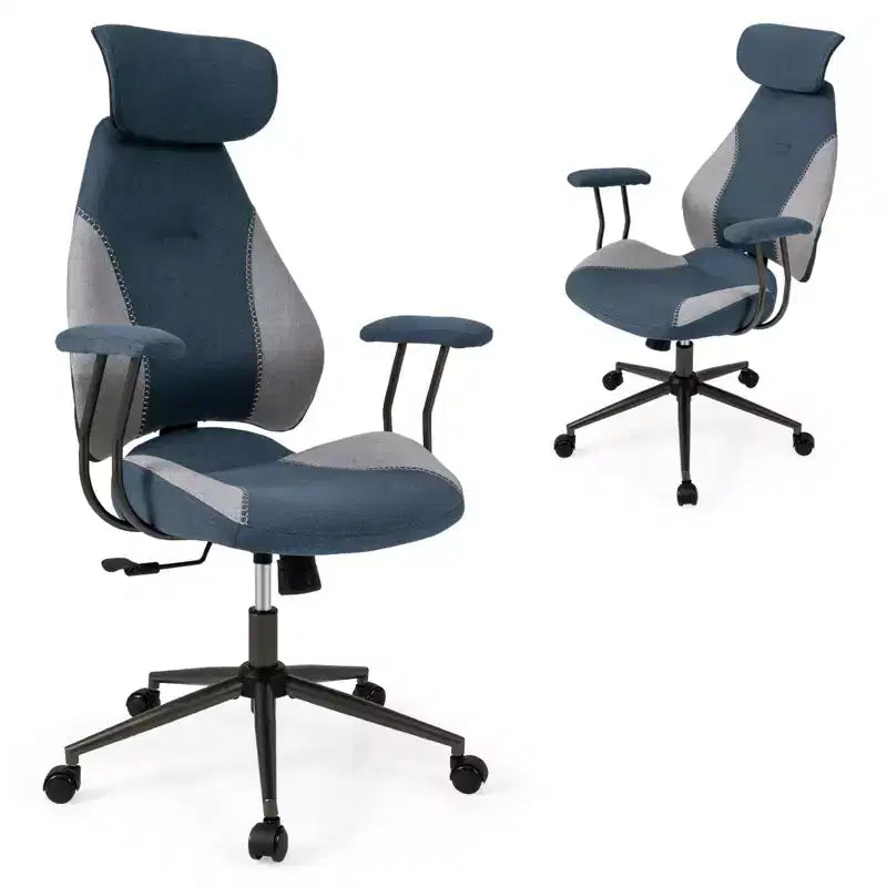 Ergonomic Office & Gaming Chair with 2D Headrest, Rocking Backrest & Wheels - Blue/Brown/Beige