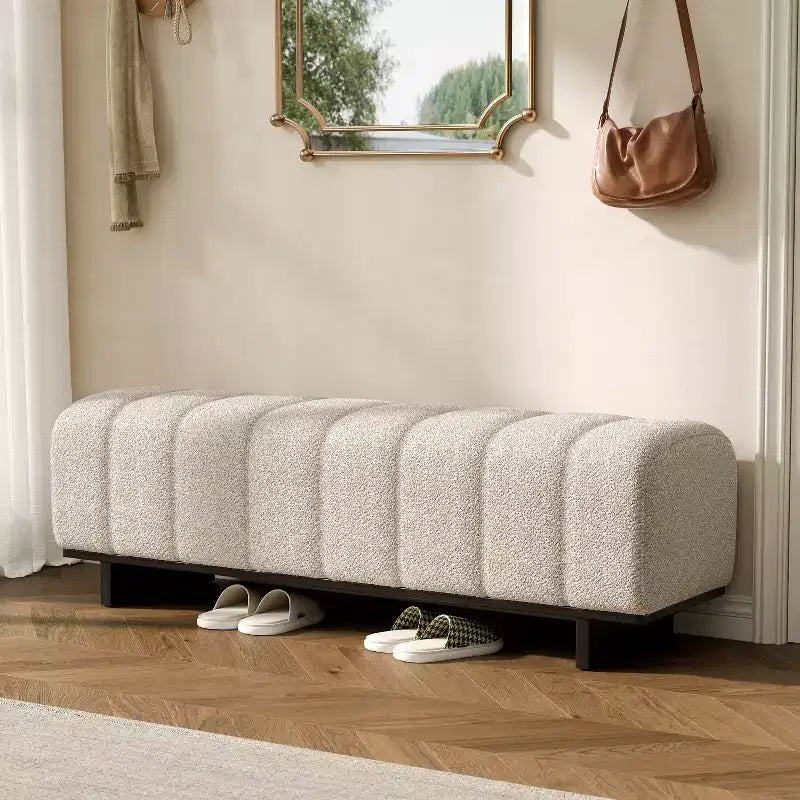 Modern Tufted Faux Fur Dining Bench with Rubberwood Legs, 63.62"