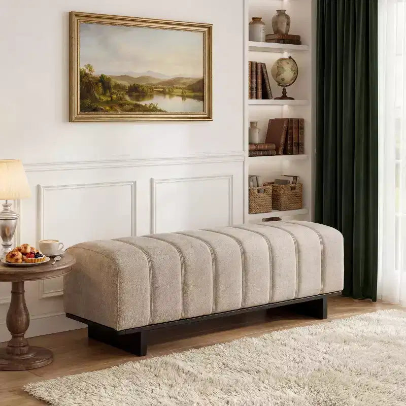 Modern Tufted Faux Fur Dining Bench with Rubberwood Legs, 63.62"