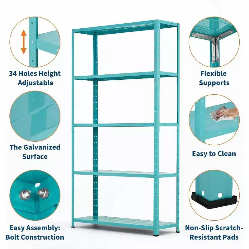 68" Five-Tier Metal Bookshelf - Light Green, Adjustable Shelves for Home & Office