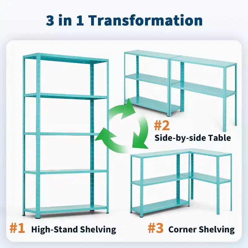 68" Five-Tier Metal Bookshelf - Light Green, Adjustable Shelves for Home & Office
