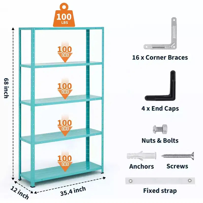 68" Five-Tier Metal Bookshelf - Light Green, Adjustable Shelves for Home & Office
