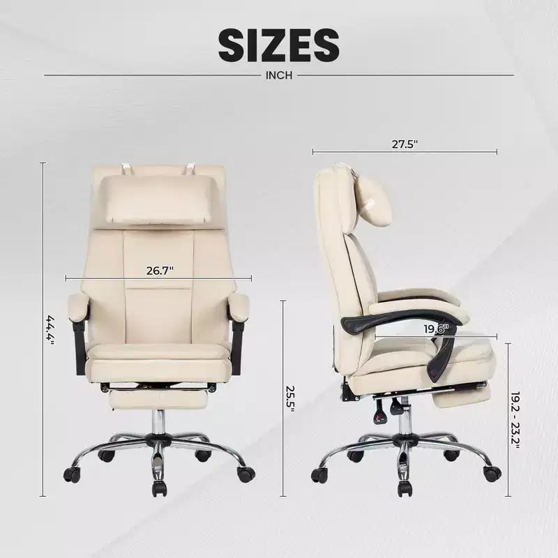 360 Swivel Ergonomic Office Chair with Footrest, Head Pillow & Recliner, Beige