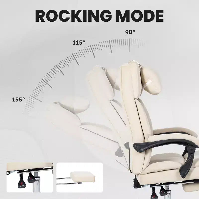 360 Swivel Ergonomic Office Chair with Footrest, Head Pillow & Recliner, Beige
