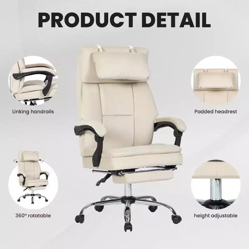 360 Swivel Ergonomic Office Chair with Footrest, Head Pillow & Recliner, Beige