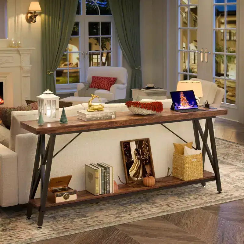 71" Console Table with Charging Station, Industrial Metal Frame & Storage Shelf