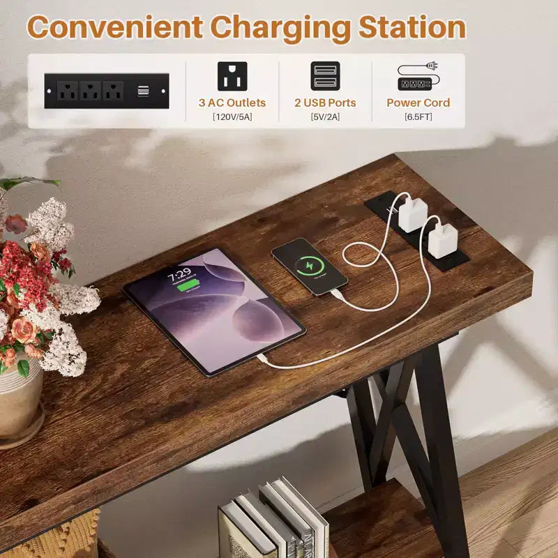 71" Console Table with Charging Station, Industrial Metal Frame & Storage Shelf