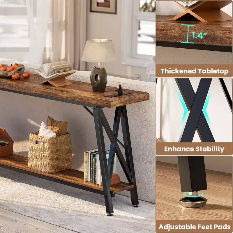 71" Console Table with Charging Station, Industrial Metal Frame & Storage Shelf
