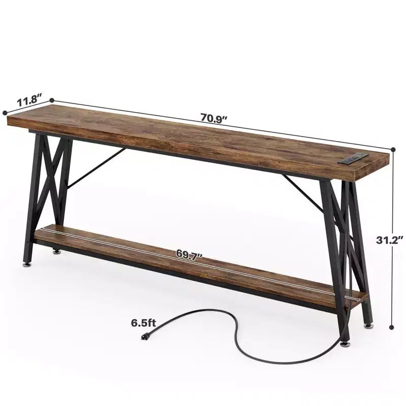 71" Console Table with Charging Station, Industrial Metal Frame & Storage Shelf