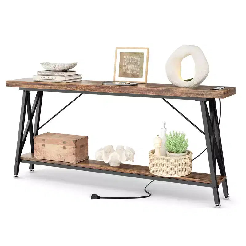 71" Console Table with Charging Station, Industrial Metal Frame & Storage Shelf