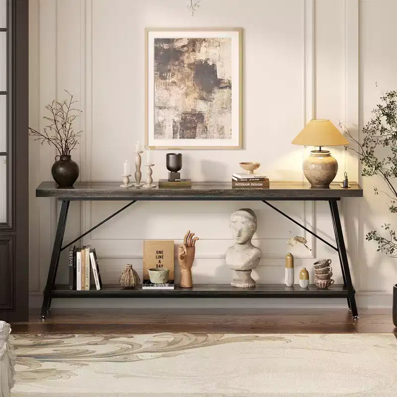 71" Console Table with Charging Station, Industrial Metal Frame & Storage Shelf