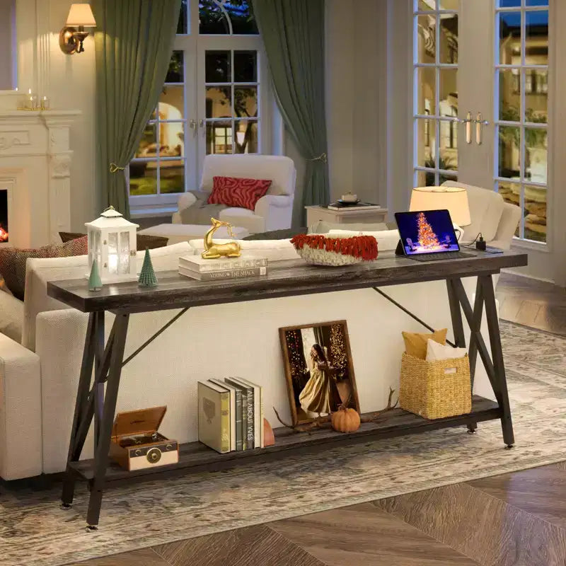 71" Console Table with Charging Station, Industrial Metal Frame & Storage Shelf
