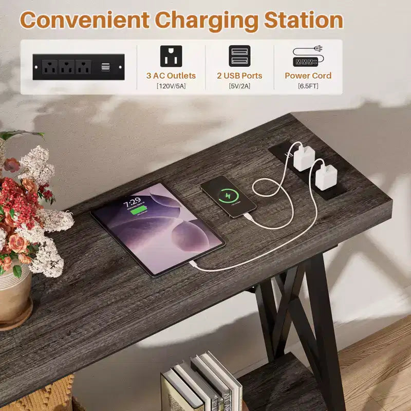 71" Console Table with Charging Station, Industrial Metal Frame & Storage Shelf