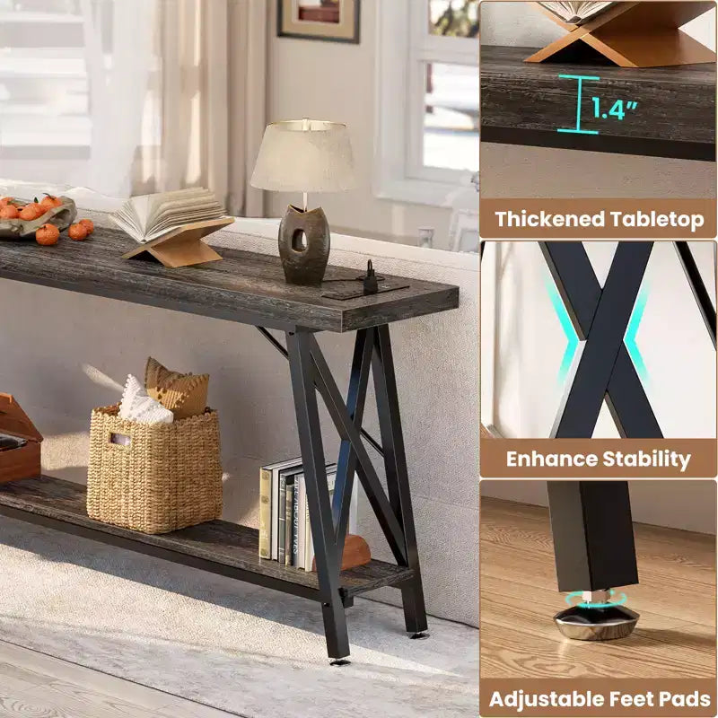 71" Console Table with Charging Station, Industrial Metal Frame & Storage Shelf