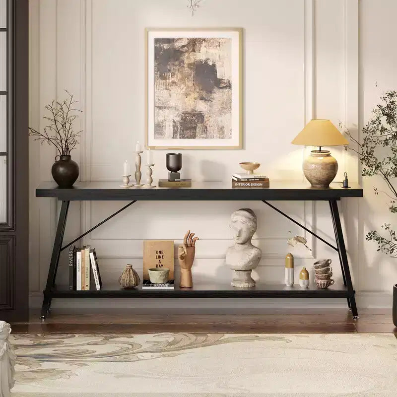 71" Console Table with Charging Station, Industrial Metal Frame & Storage Shelf