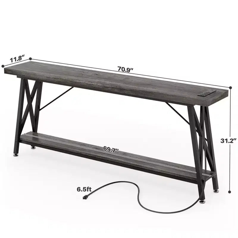 71" Console Table with Charging Station, Industrial Metal Frame & Storage Shelf