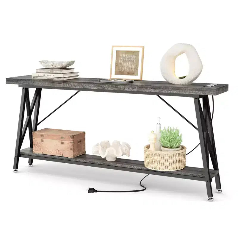 71" Console Table with Charging Station, Industrial Metal Frame & Storage Shelf